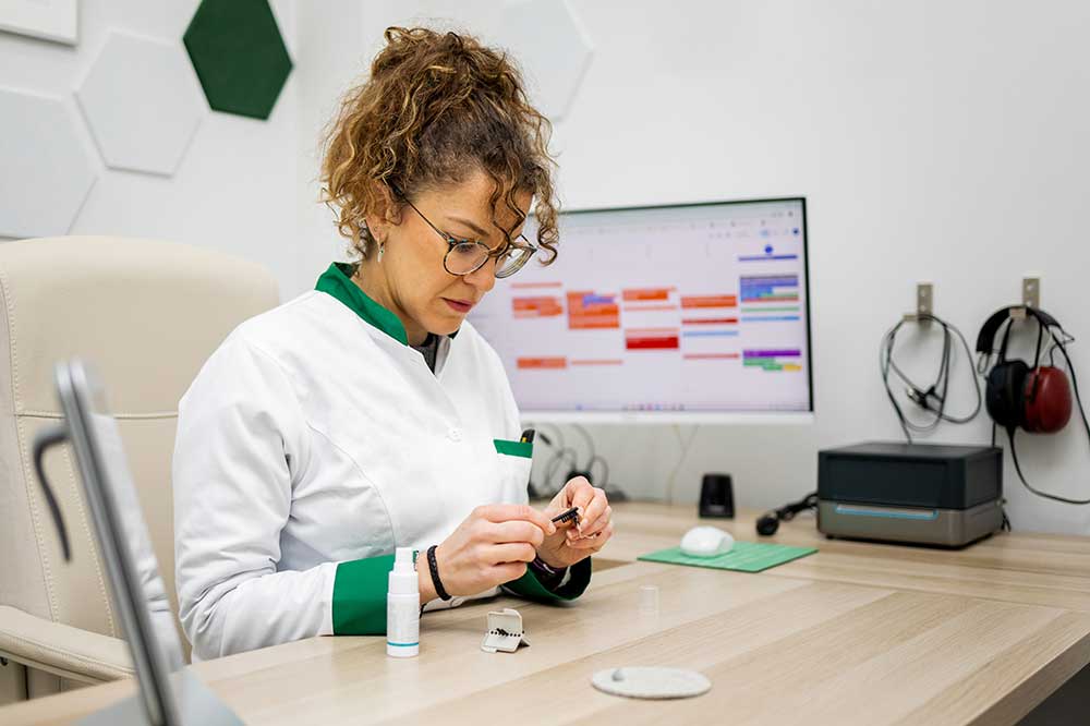 Hearing care professional cleaning a hearing aid with tools at a desk, showing hearing aid maintenance at Mid Island Audiology in Wantagh, NY